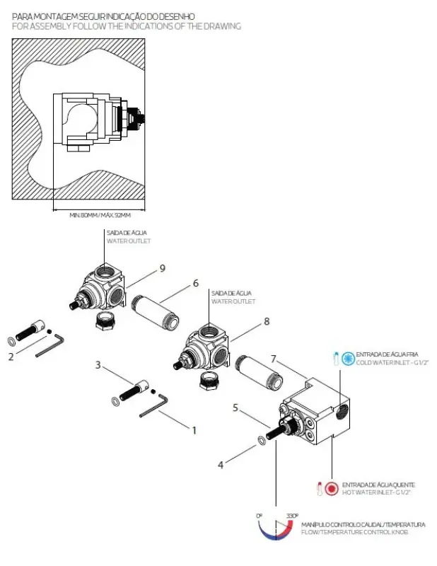 Waterevolution Flow termostato doccia da incasso con 2 rubinetti di chiusura in ottone spazzolato 1208916452