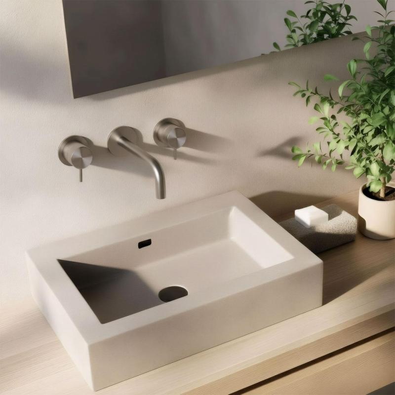 Waterevolution Flow Rubinetto lavabo da incasso a 3 fori Interamente in acciaio inox con bocca di erogazione 10 cm T1163FIE-10
