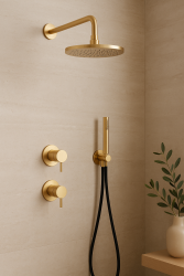 Waterevolution Flow Set doccia ad incasso con termostato soffione a pioggia e doccetta PVD Oro chiaro