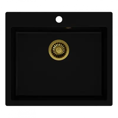 Quadri Sheffield lavello in granito nero montaggio a filo 57x50 cm con foro per rubinetto e tappo dorato 1208956116