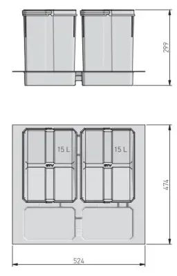 Garbi Basket B-60-2 Sistena di raccolta differenziata per cassetti da 60 cm con supporto e 2 contenitori 1208957474