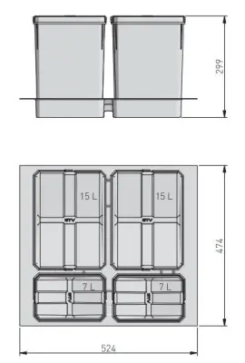 Garbi Basket B-60-4 Sistema di raccolta differenziata dei rifiuti per cassetti da 60 cm con supporto e 4 contenitori 1208957475