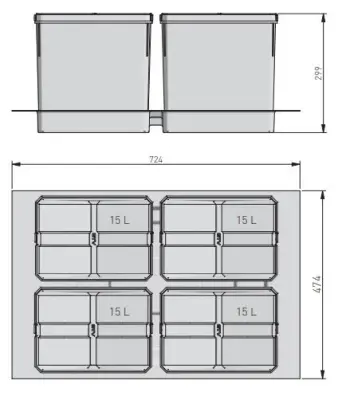 Garbi Basket B-80-4-GSistema di raccolta differenziata dei rifiuti per cassetti da 80 cm con supporto e 4 contenitori 4 x15 litri 1208957478