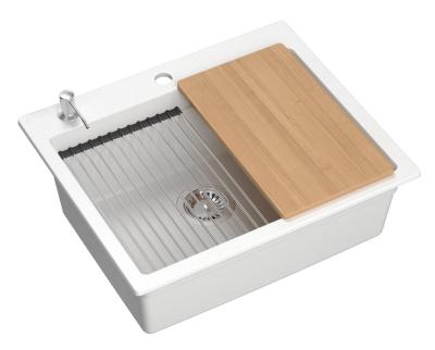 Lavello da incasso Quadri Durham in granito bianco 595x500 con dispenser di sapone, tagliere, tappetino rotolante, lavandino aggiuntivo e tappetino rotolante 1208957903