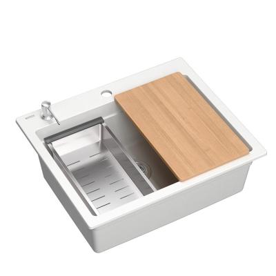 Lavello da incasso Quadri Durham in granito bianco 595x500 con dispenser di sapone, tagliere, tappetino rotolante, lavandino aggiuntivo e tappetino rotolante 1208957903