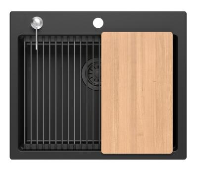 Lavabo da incasso Quadri Durham in granito nero 595x500 con dispenser di sapone, tagliere, vaschetta interna e tappetino rotolante 1208957904