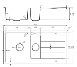 Lorreine serie BQ 1.5 lavello nero con una vasca e mezza 96x50cm montaggio sopra piano con tappo in acciaio inossidabile 3415BQ44DB-T-INOX