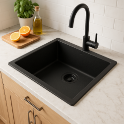 GraniteMy Universal lavello in granito nero 50x40 cm a filo sopra e sottopiano con tappo nero 1208967129