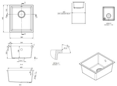 GraniteMy Universal lavello in granito bianco 34x40 cm a filo sopra e sottopiano con tappo nero 1208967147