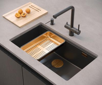Quadri Newport II grande e profondo lavello in granito, montaggio sopra e sotto, colore nero, dimensioni 76x45cm con tappo in rame 1208967306