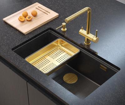Lavello Quadri Newport II grande e profondo in granito da incasso e sottopiano antracite 76x45cm con tappo dorato 1208967312
