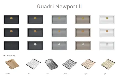 Quadri Newport II grande e profondo lavello in granito, montaggio sopra e sotto, grigio, lavello 76x45cm con tappo in rame 1208967314