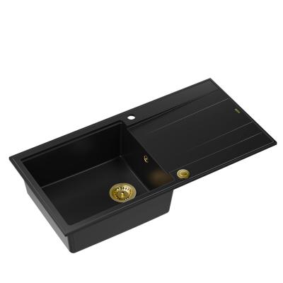 Quadri Luton lavello in granito nero da appoggio con gocciolatoio reversibile 100x50cm con tappo dorato 1208967317