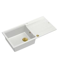 Quadri Luton lavello da appoggio in granito bianco con sgocciolatoio reversibile 100x50cm con tappo dorato 1208967319
