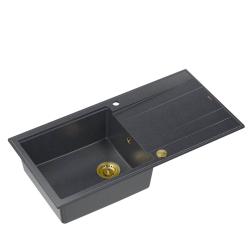 Quadri Luton lavello da appoggio in granito antracite con piano scolapiatti reversibile 100x50cm con tappo dorato 1208967322