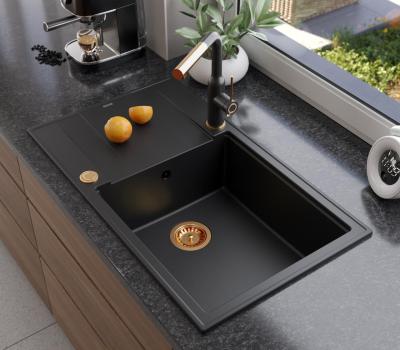 Quadri Luton lavello grande in granito nero da incasso con gocciolatoio reversibile 86x50cm con tappo in rame 1208967326