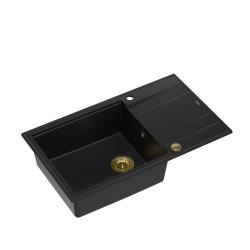 Quadri Luton lavello grande da appoggio in granito nero con superficie di sgocciolamento reversibile 86x50cm con tappo dorato 1208967327