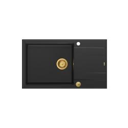 Quadri Luton lavello grande da appoggio in granito nero con superficie di sgocciolamento reversibile 86x50cm con tappo dorato 1208967327