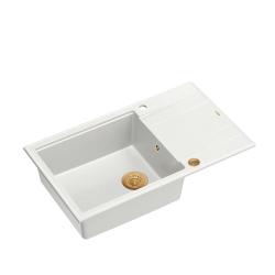 Quadri Luton lavello grande da appoggio in granito bianco con superficie di sgocciolamento reversibile 86x50 cm con tappo in rame 1208967328