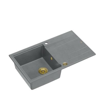 Quadri Luton lavello in granito grigio da incasso con piano di sgocciolamento reversibile 86x50cm con tappo dorato 1208967341