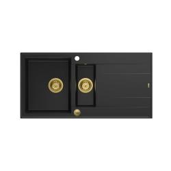 Quadri Luton lavello da appoggio in granito nero 1,5 vasca con gocciolatoio reversibile 100x50cm con tappo dorato 1208967346