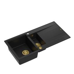 Quadri Luton lavello da appoggio in granito nero 1,5 vasca con gocciolatoio reversibile 100x50cm con tappo dorato 1208967346
