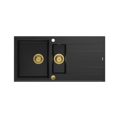 Quadri Luton lavello da appoggio in granito nero 1,5 vasca con gocciolatoio reversibile 100x50cm con tappo dorato 1208967346