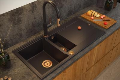 Quadri Luton lavello nero in granito da appoggio 1,5 vasche con sgocciolatoio reversibile 100x50cm con tappo in rame 1208967347