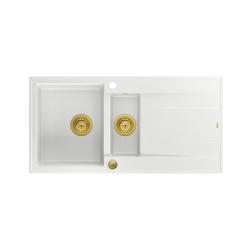 Quadri Luton lavello a incasso in granito bianco 1,5 vasche con sgocciolatoio reversibile 100x50 cm con tappo dorato 1208967348