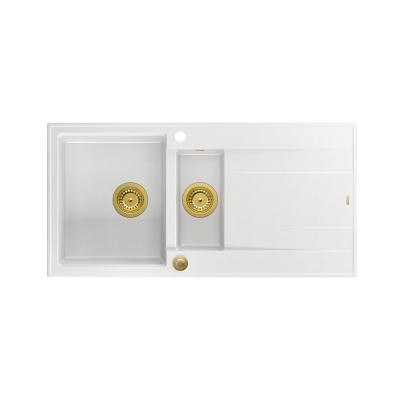 Quadri Luton lavello a incasso in granito bianco 1,5 vasche con sgocciolatoio reversibile 100x50 cm con tappo dorato 1208967348