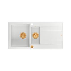 Quadri Luton lavello a incasso in granito bianco 1,5 vasca con gocciolatoio reversibile 100x50cm con tappo in rame 1208967349