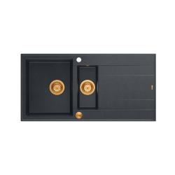 Quadri Luton granito antracite lavello da appoggio 1,5 vasche con sgocciolatoio reversibile 100x50cm con tappo in rame 1208967355