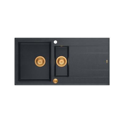 Quadri Luton granito antracite lavello da appoggio 1,5 vasche con sgocciolatoio reversibile 100x50cm con tappo in rame 1208967355