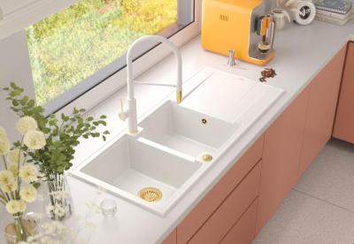 Lavello doppio in granito bianco Quadri Luton da incasso con scolapiatti, dimensioni 116x50 cm, con tappo dorato, codice 1208967358.