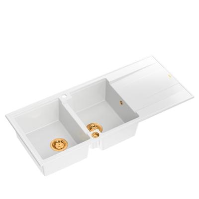 Quadri Luton lavello doppio da appoggio in granito bianco con scolapiatti 116x50 cm con tappo in rame 1208967359