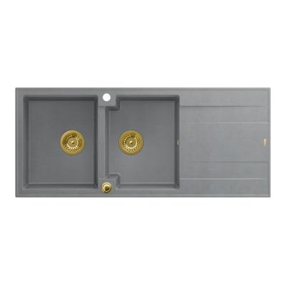 Quadri Luton lavello doppio in granito grigio con sgocciolatoio 116x50 cm con tappo dorato 1208967361
