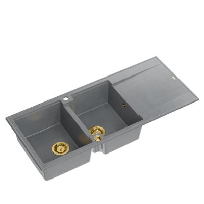 Quadri Luton lavello doppio in granito grigio con sgocciolatoio 116x50 cm con tappo dorato 1208967361