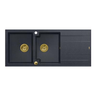 Lavello da incasso doppio in granito Quadri Luton antracite con scolapiatti 116x50 cm con tappo dorato 1208967364