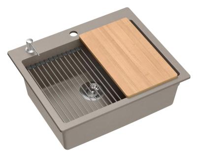 Lavello da incasso Quadri Durham in granito color taupe 595x500 con dispenser per sapone, tagliere, lavandino aggiuntivo e tappetino rotolante 1208967376
