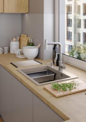 Lavello da incasso Quadri Durham in granito color taupe 595x500 con dispenser per sapone, tagliere, lavandino aggiuntivo e tappetino rotolante 1208967376