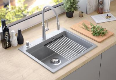 Lavello da incasso Quadri Durham in granito grigio 595x500 con dispenser per sapone, tagliere, vaschetta interna e tappetino rotolante 1208967378