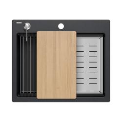 Lavabo da appoggio Quadri Durham in granito antracite 595x500 con dispenser di sapone, tagliere, vasca di inserimento e tappetino rotolante 1208967379