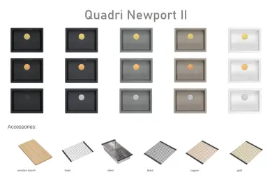 Quadri Newport II lavello sottopiano in granito grigio 560x450mm con tappo e coperchio di scarico in acciaio inox 1208967456