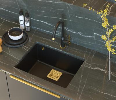 Quadri Quadrangle lavello da incasso in granito nero 55x42cm con tappo dorato 1208967475