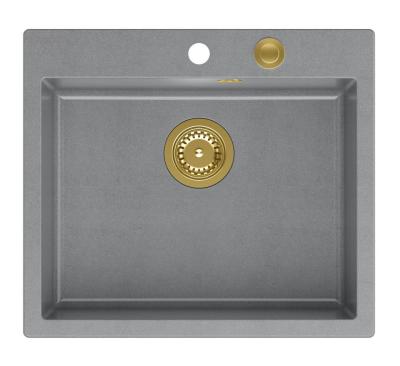 Quadri Sheffield Lavello Grigio in Granito da Appoggio o da Incasso a Filo 57x50 cm con Foro Rubinetto e Tappo Dorato - 1208967582