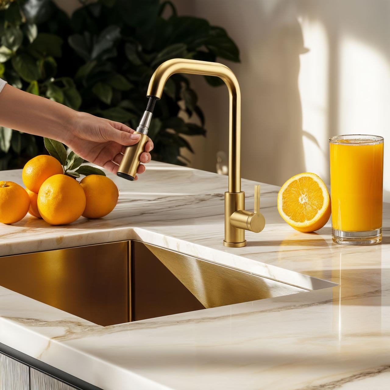 Pure.Sink Elite Steel Crystal-S rubinetto da cucina in PVD oro spazzolato con bocca estraibile PS8050-60.
