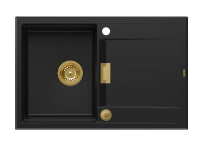 Quadri Minton Lavello da Incasso in Granito Nero 76x50cm con Sgocciolatoio Reversibile e Tappo Oro 1208967739