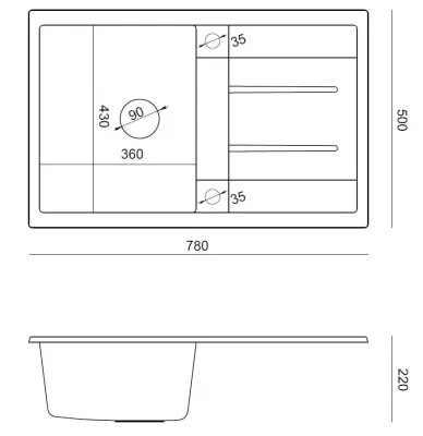 Quadri Sheffield Lavello da Appoggio in Granito Grigio 78x50cm con Gocciolatoio e Tappo in Acciaio Inox - 1208967793