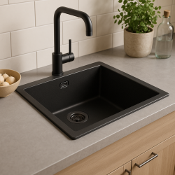 GraniteMy Universale Lavandino in Granito Nero 50x40 cm da appoggio, sottopiano e filo top con tappo in metallo gun - 1208967921