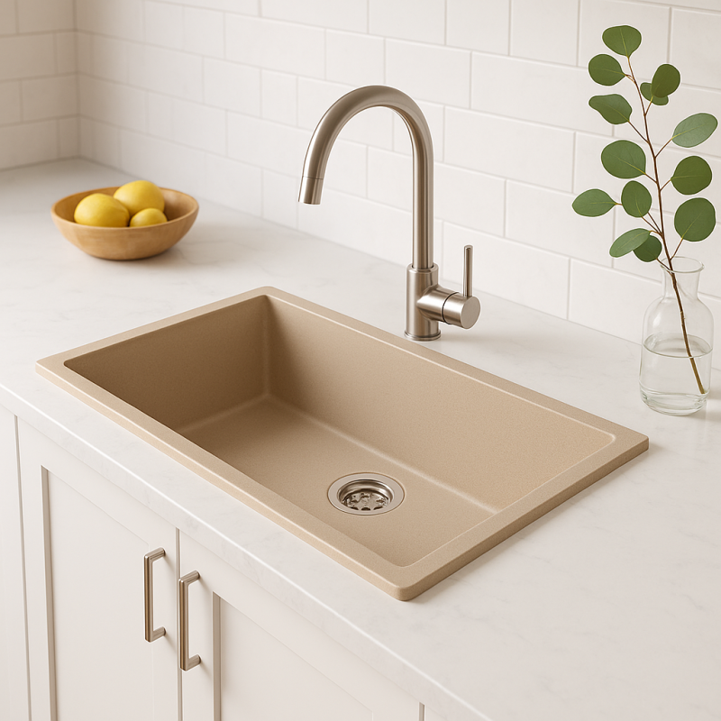 GraniteMy Universal lavello in granito beige sabbia 74x40 cm da incasso sotto piano e da incasso con tappo in acciaio inox 1208968017